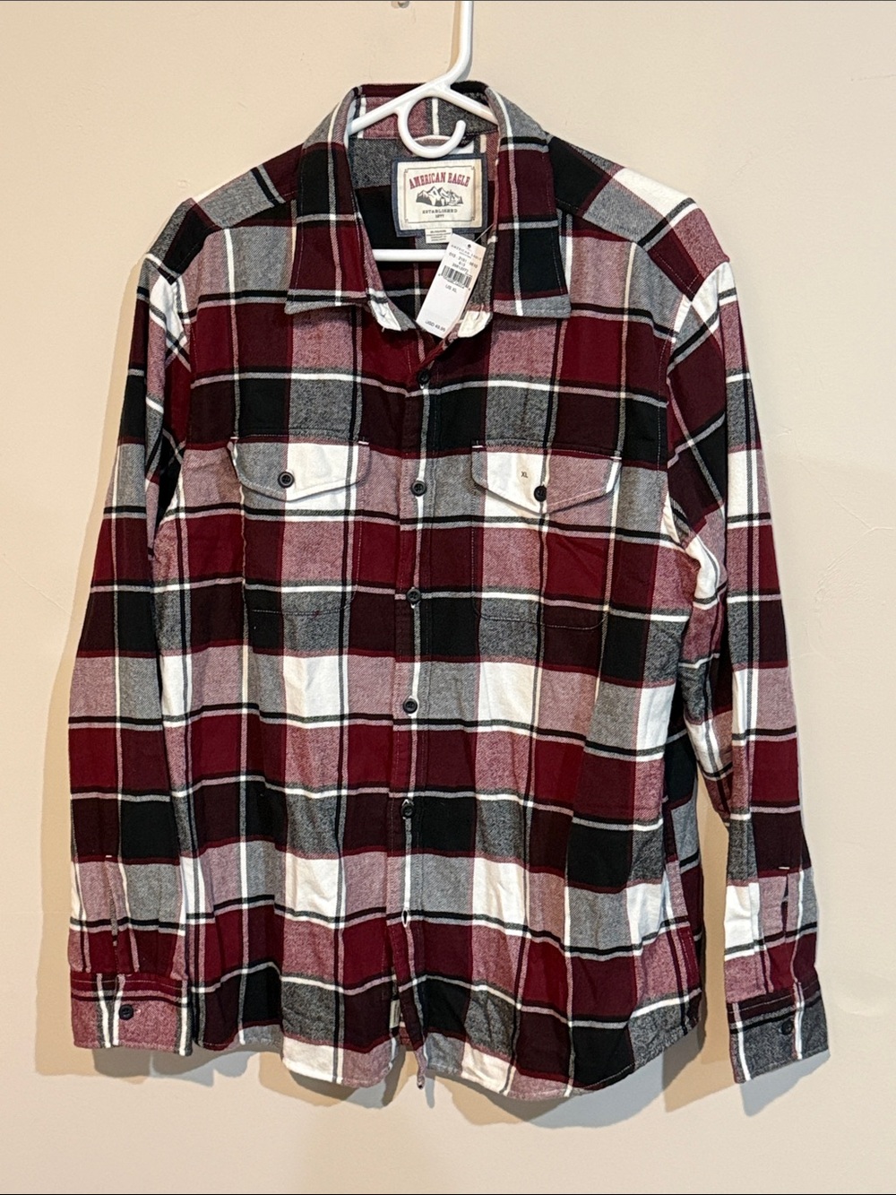 American Eagle Outfitters Burgundy, Black & White Plaid Button-Down Shirt